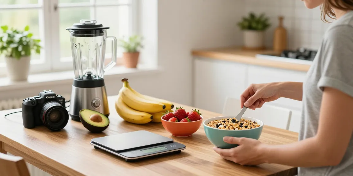 Discover the best calorie tracking app in a bright kitchen scene featuring fresh ingredients for a smoothie bowl.