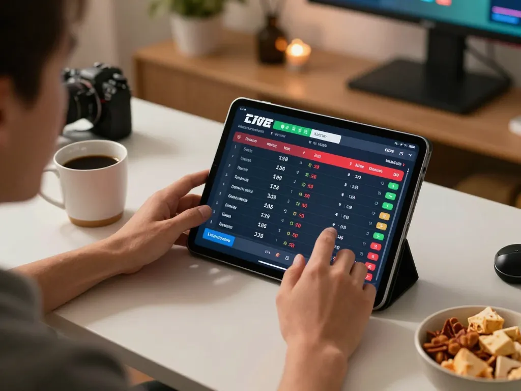 Engaging in sports betting on VN23 app using a tablet in a cozy home office setting.