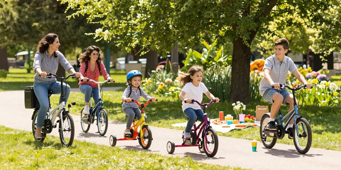 Family enjoying vibrant outdoor fun riding tricycles in a sunny park.