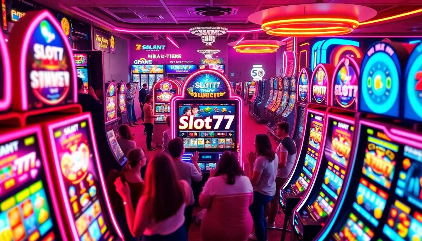 Bermain Slot77 di mesin slot yang ceria dan penuh warna dengan suasana kasino yang meriah.
