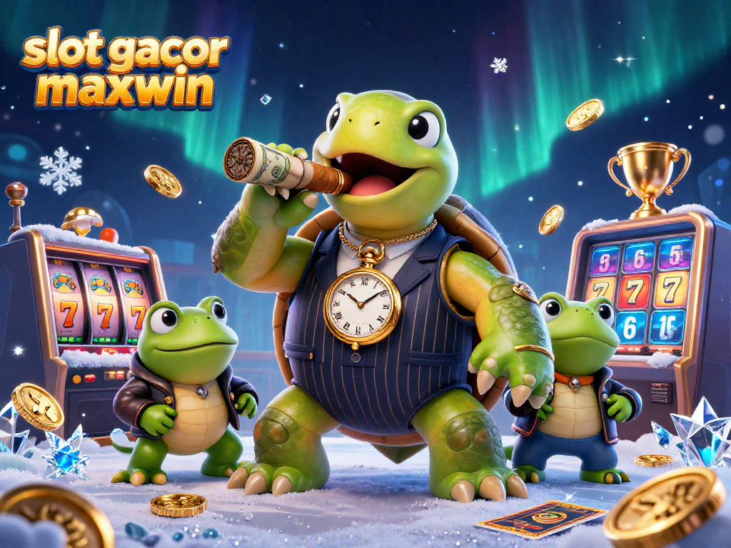 Permainan slot gacor maxwin dengan kura-kura gangster dan pengawalnya di kasino, dikelilingi koin dan elemen perjudian lainnya.