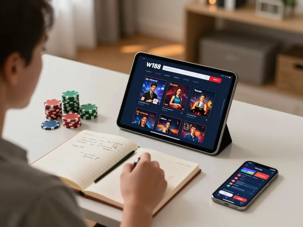 Experience the excitement of w188 online gaming with a focused player strategizing in a modern home office.