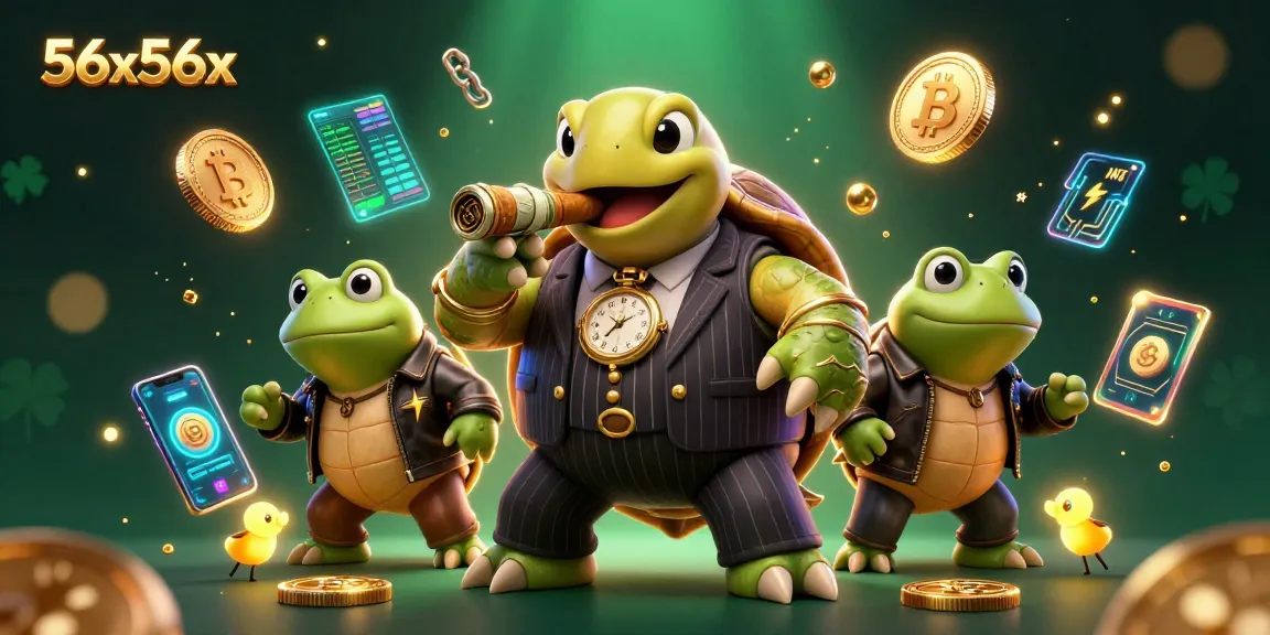 Ganhe com 56x56x em uma cena de cassino vibrante com personagens de cartoon e elementos de cripto.