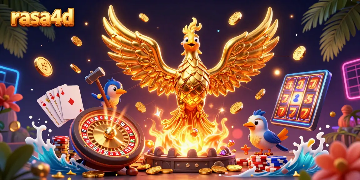 Rasa4d bermain dengan phoenix emas, koin bersinar, dan elemen kasino hidup.