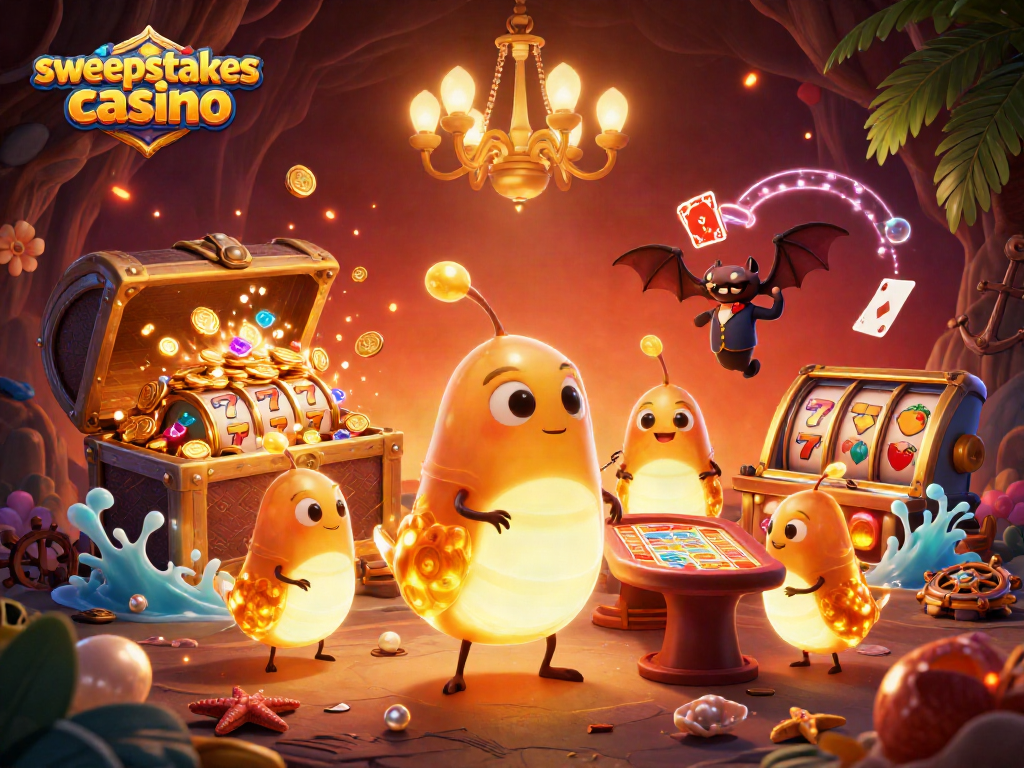 Experience the excitement of a sweepstakes casino with glowing glowworms and vibrant game elements.