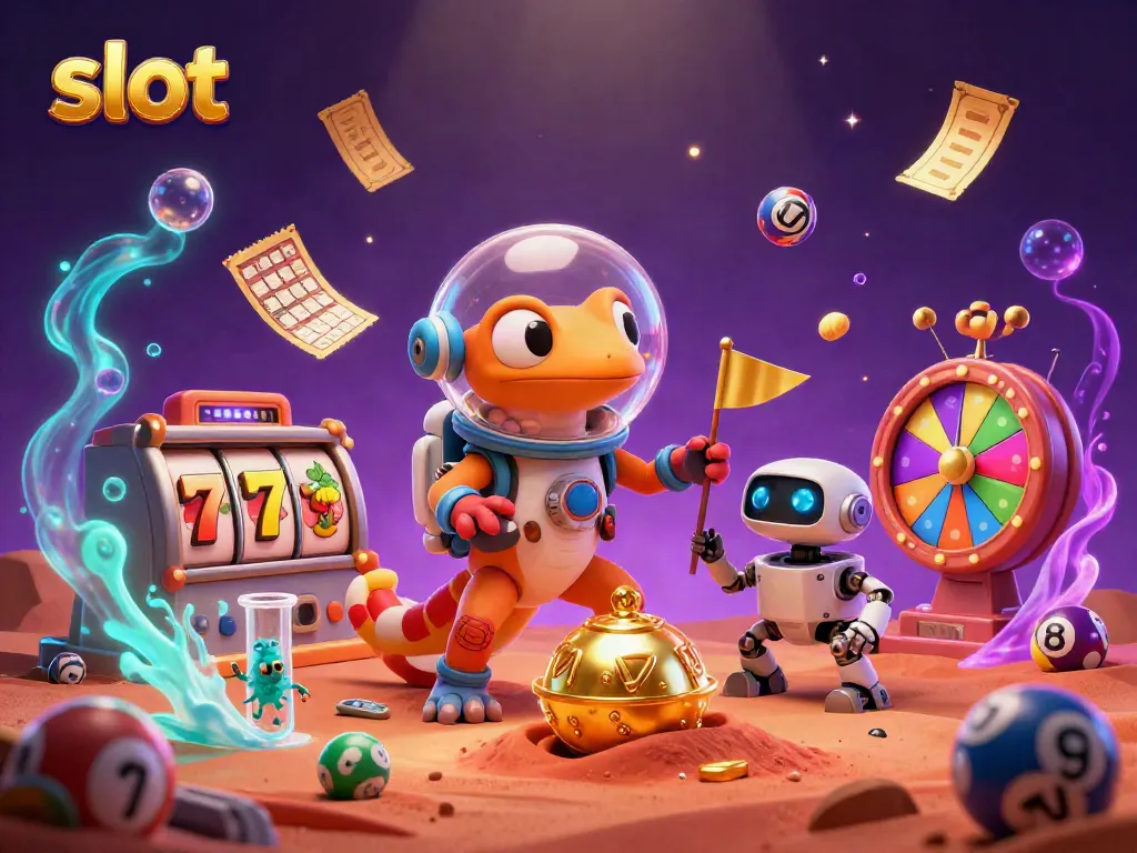 Bermain slot dengan gecko Mars dan rover robot di kasino emas, penuh keseruan.