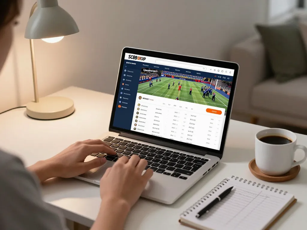 Person using SC88 OKVIP app on laptop for sports betting in a stylish home office.