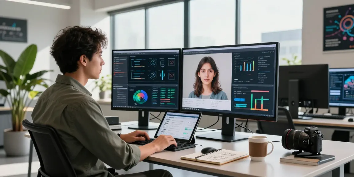 Data analyst detecting AI images in a modern workspace, reviewing AI-generated visuals on multiple screens.