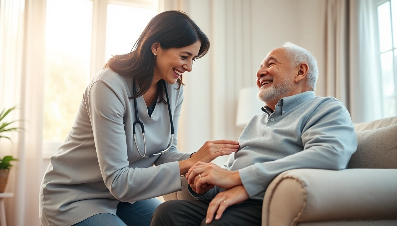 Engaging at home health care services near me with a caregiver supporting an elderly person in a cozy setting.