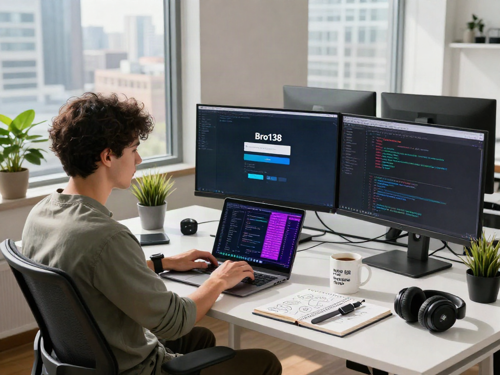 Developer focusing on bro138 login interface in a modern workspace with multiple monitors and tech gadgets