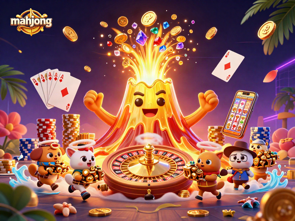 Engage in mahjong adventure with a golden volcano erupting coins and treasure in this vibrant casino scene.
