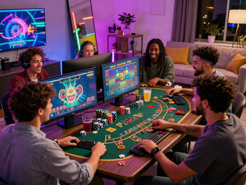 Group enjoying casino online games on a modern gaming setup with vibrant graphics.