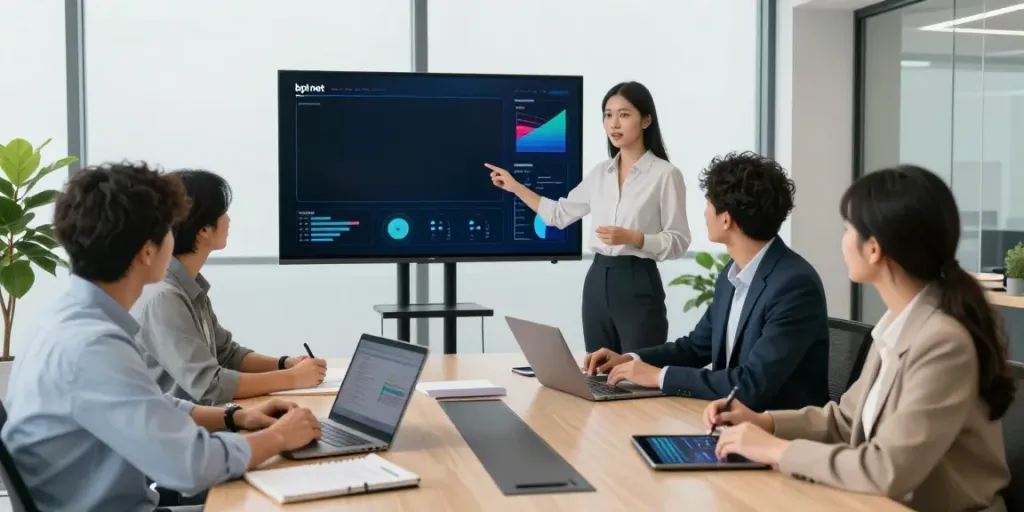 Professionals collaborating in a modern office discussing bpi net empresas.
