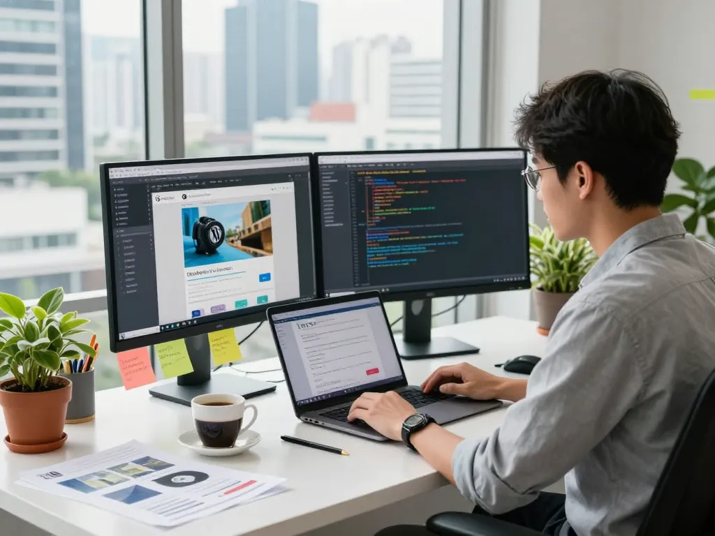 Freelance web designer in Kuala Lumpur coding with dual monitors showcasing web development projects.