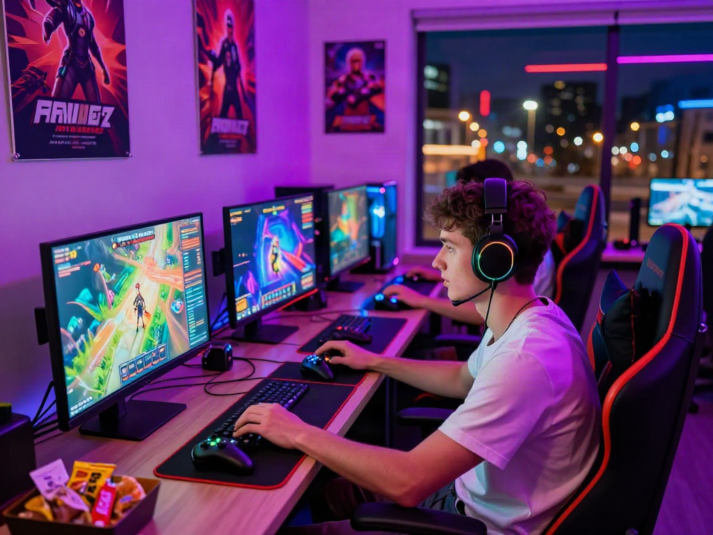 Intense gaming scene featuring a player immersed in a porn game with vibrant RGB lights and high-tech equipment.