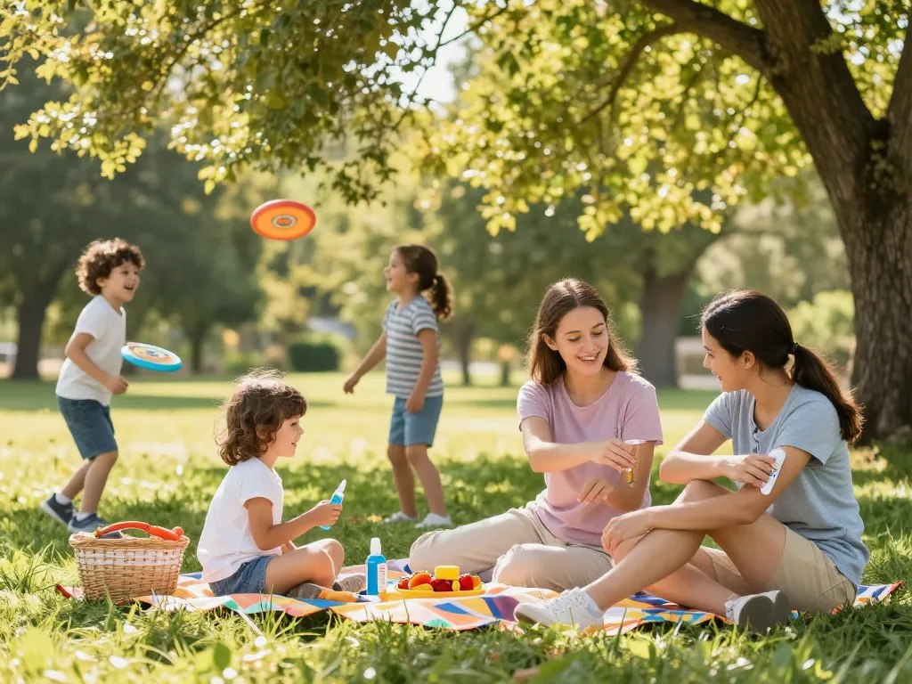 Family applying mosquito repellent at a picnic, ensuring a comfortable outdoor experience.