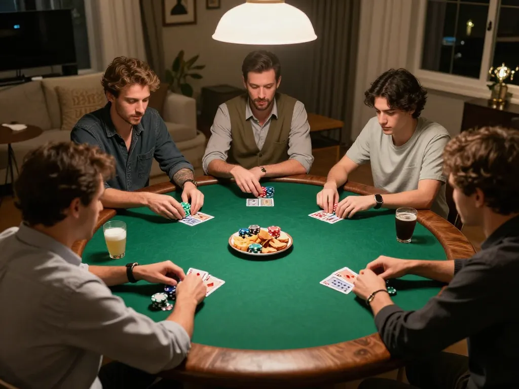Enjoying ดูหนังออนไลน์ฟรี while engaged in a thrilling poker game with friends around a green felt table.