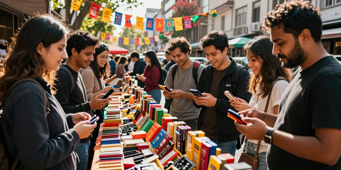 Community market showcasing rokok88 tobacco products with friends enjoying the vibrant atmosphere.