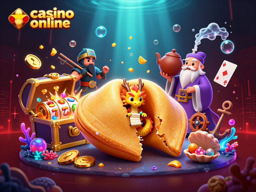 Engaging casino online scene showcasing a unique 3D illustration of a fortune cookie character with a dragon and themed game elements.