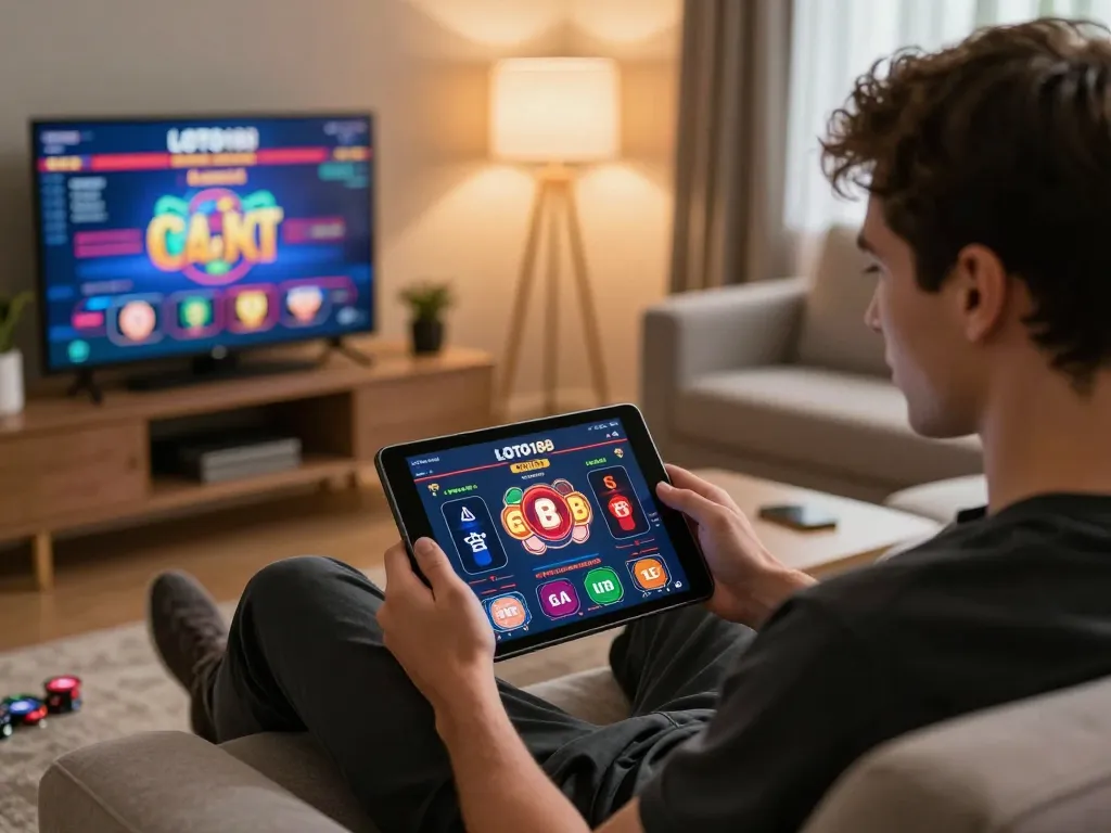 Engaged player using LOTO188 SO online casino app on tablet in a cozy living room.
