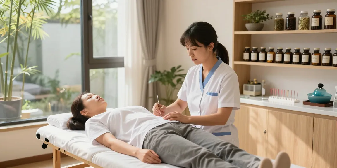 Personalized treatment at 영통한의원 with acupuncturist helping patient in calming space.