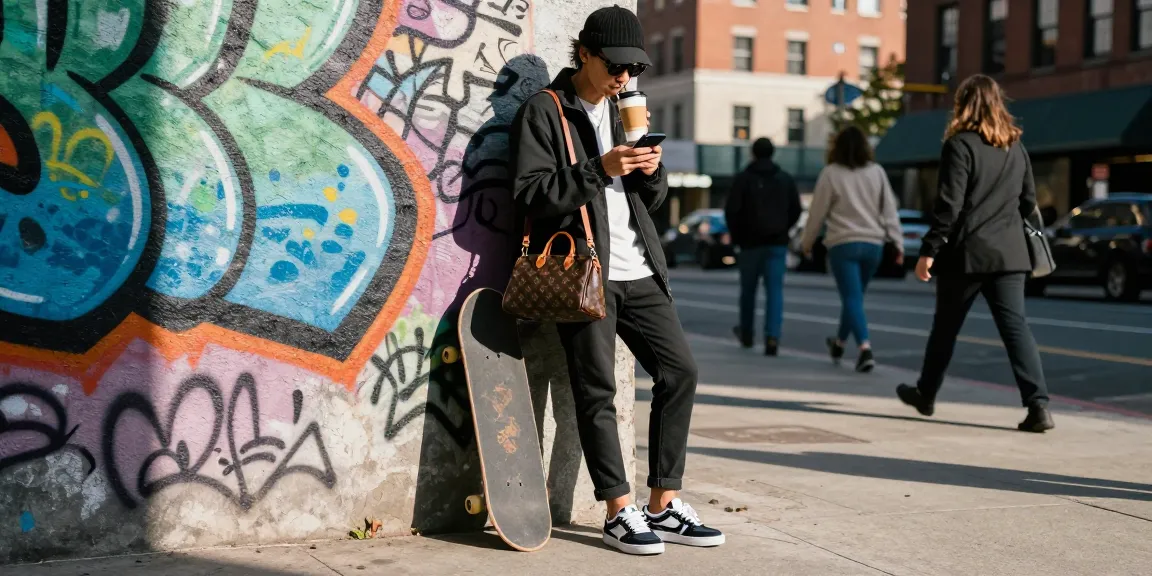 Stylish individual in a trendy outfit featuring a レ플リカ handbag, set against vibrant urban graffiti.
