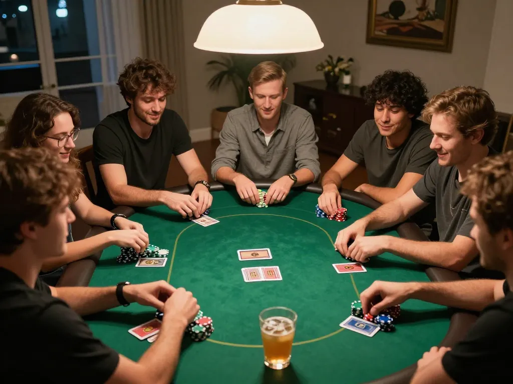 Players enjoying a competitive home poker night with XX88 poker chips and cards visible, highlighting strategic gameplay.