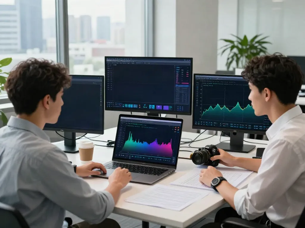 Young professional reviewing data on FintechZoom.com in a modern financial office.