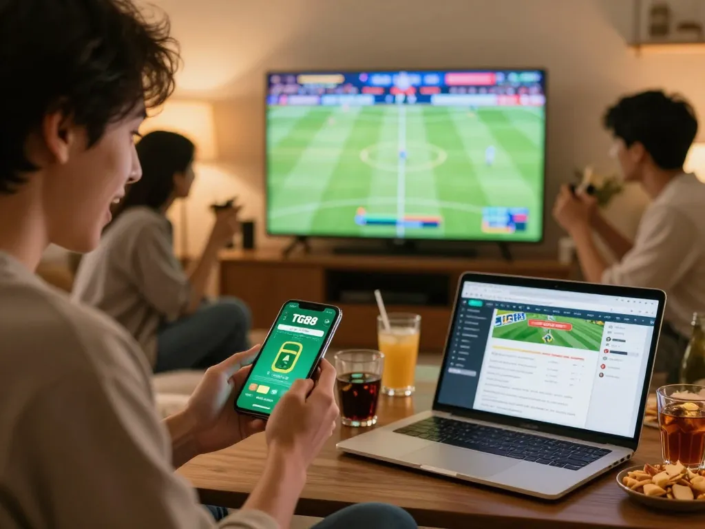 Person placing a bet on the TG88 app while enjoying live sports with friends.