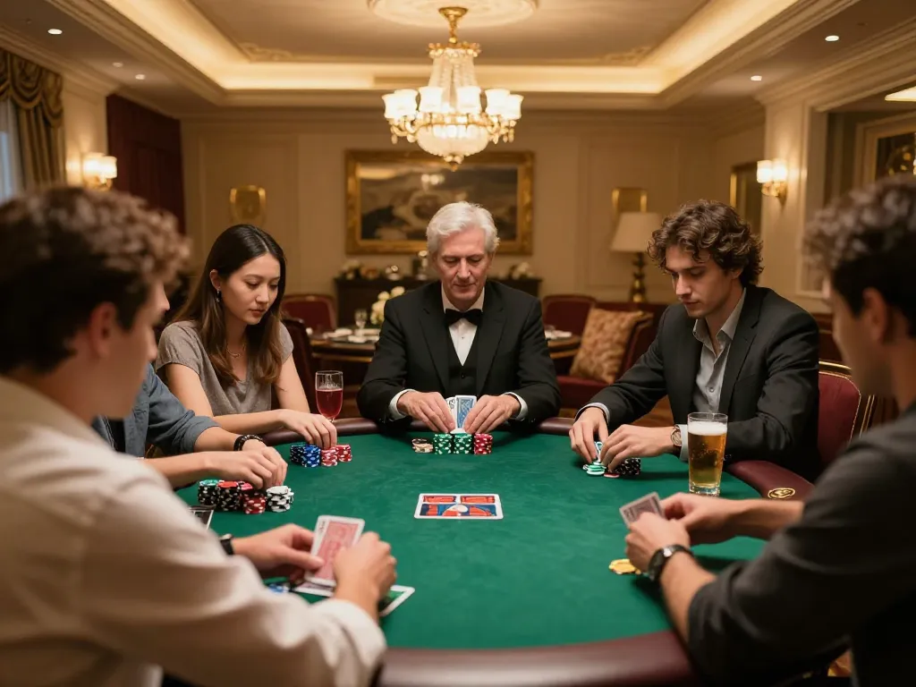 Players strategizing in an upscale poker game at 123b-bm with rich ambiance and competitive spirit.