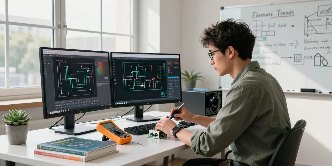 Engineer designing IEC connectors at a modern technology workspace with bright lighting and technical tools.