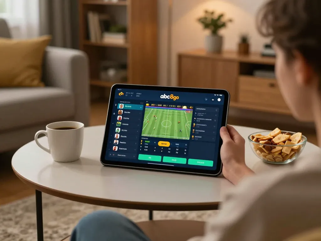 Betting on sports through abc8go app, showcasing live odds and betting excitement in a cozy home setting