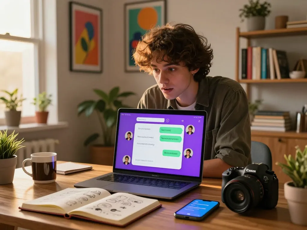 Interactive user engaging with sex chat AI on a laptop in a cozy home office.