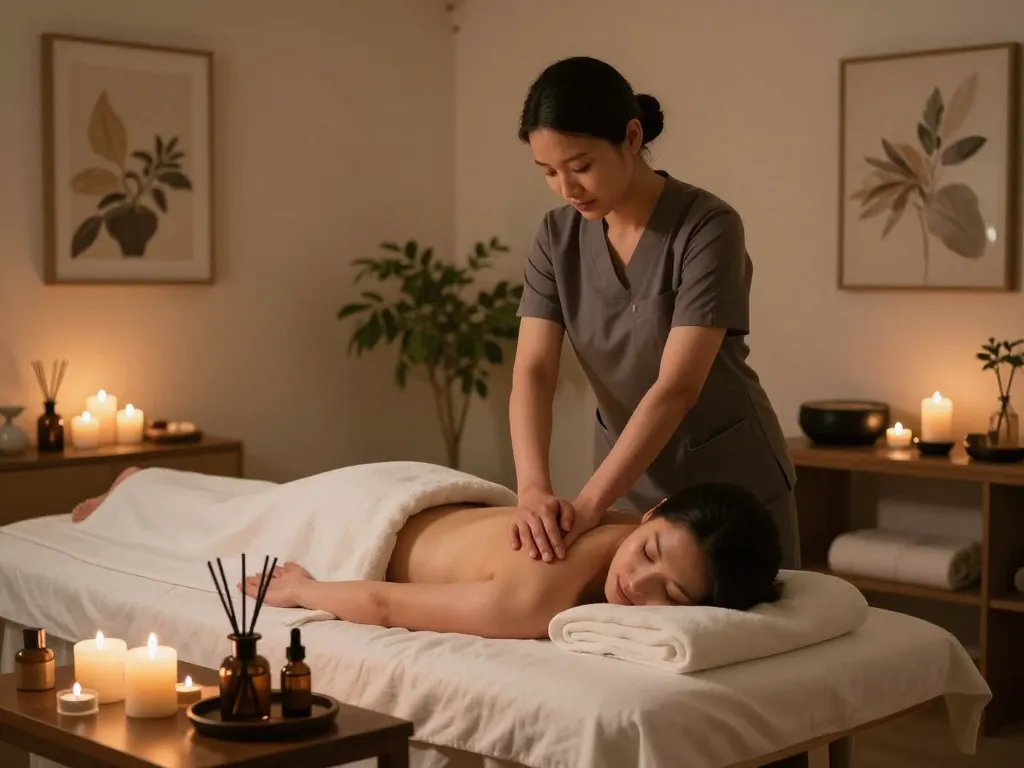 부전동마사지 session in a serene spa setting with soft lighting and calming atmosphere.