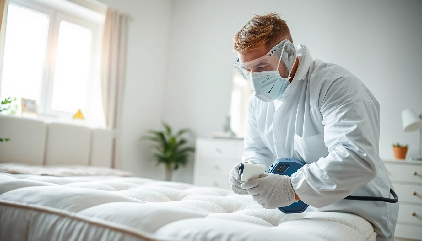 Technician administering bed bug chemical treatment in a neat bedroom, emphasizing professional pest control.