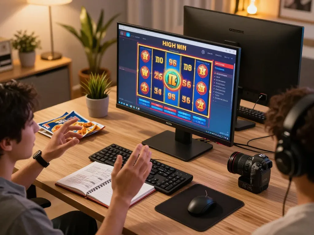 Gambling enthusiast celebrating a slot toto win on an online gaming setup with vibrant graphics
