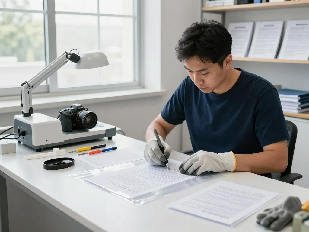 Bóc ép plastic restoration process by expert technician in bright office.