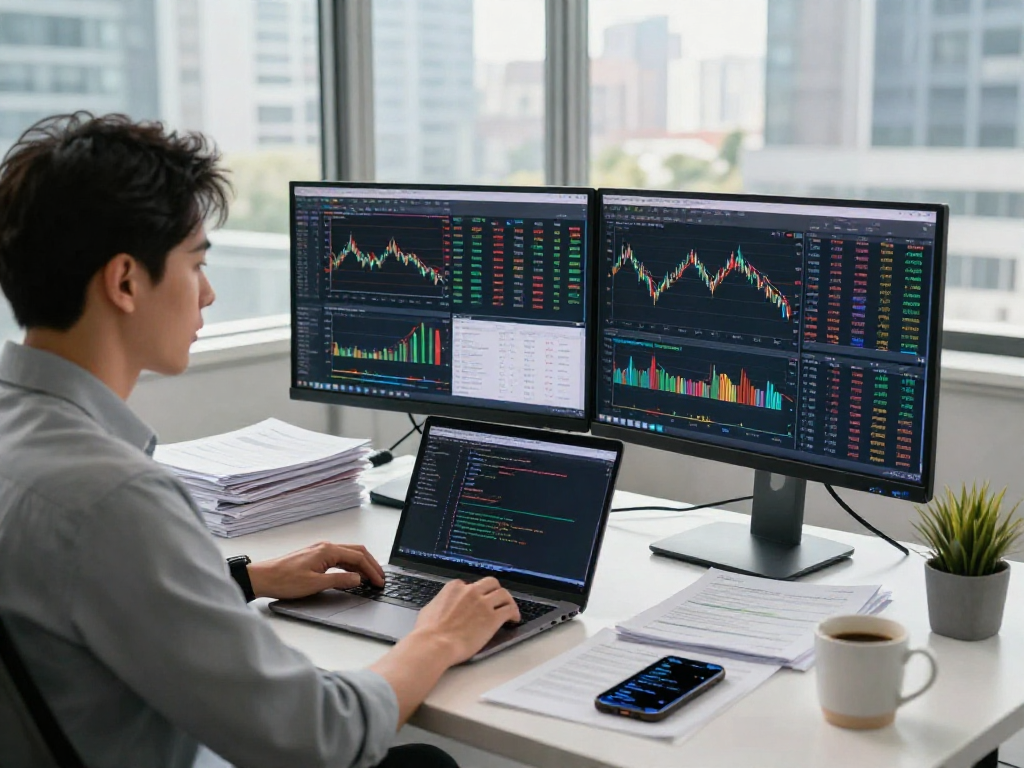 The scene illustrates a finance professional analyzing Germany stock fundamental data API on multiple screens in a modern office, showcasing real-time market analytics.