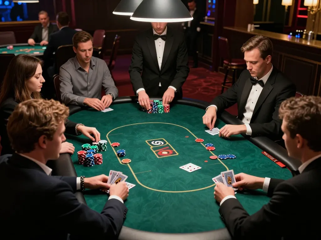 Engaged players at a poker table strategizing their moves, showcasing giường bệnh nhân dynamics in a luxury gaming setting