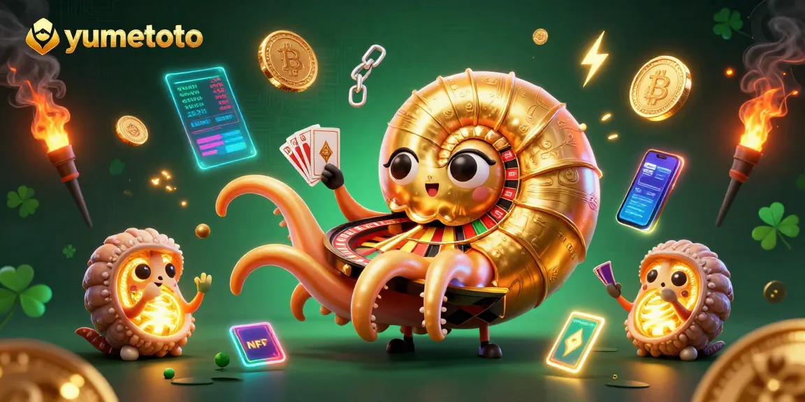 Spin the yumetoto roulette with a cartoon nautilus character amidst vibrant casino elements.