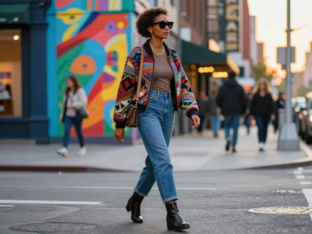 Fashionisk .com inspired urban style showcasing a fashionable individual confidently walking through city streets in trendy attire.