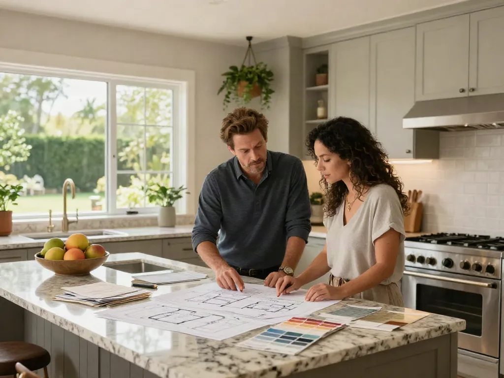 Pinecrest remodeling kitchen featuring a designer and homeowner planning upgrades with blueprints.
