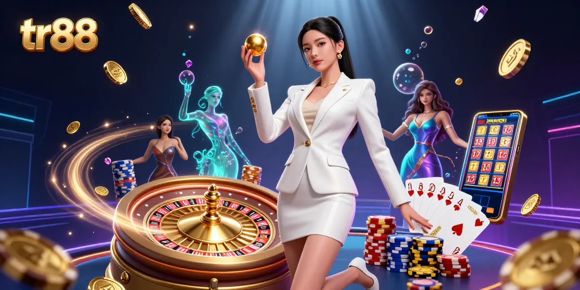 Experience tr88 excitement with a confident woman at the casino, showcasing roulette and slot elements.