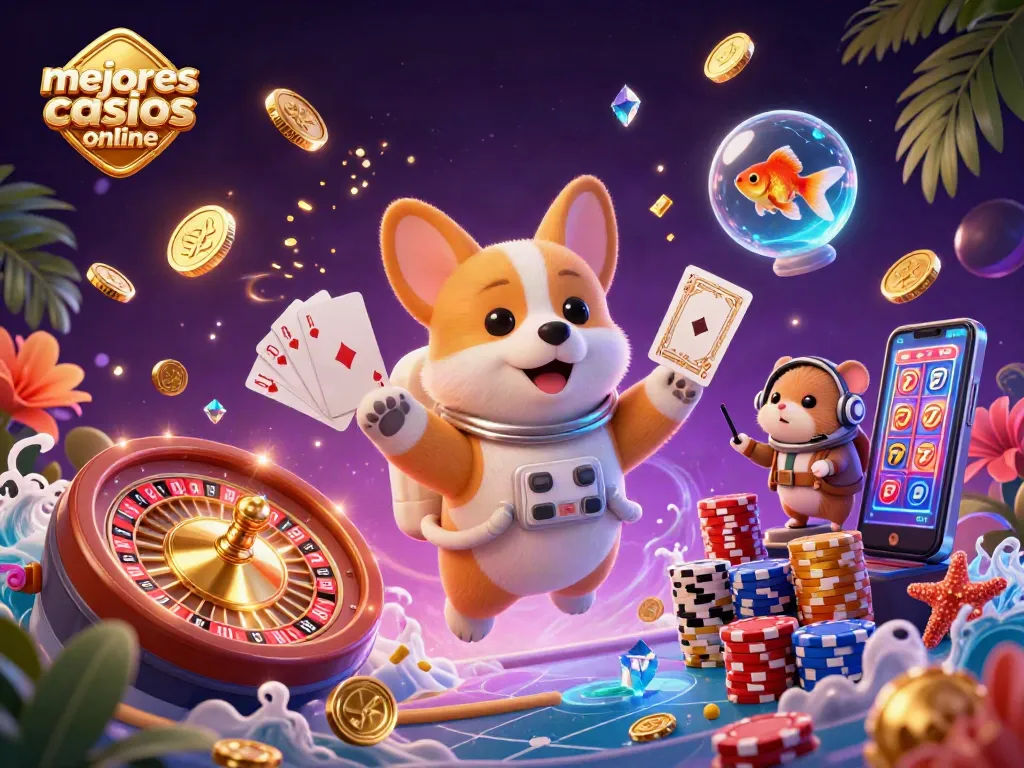 Los mejores casinos online presentan una escena colorida de juego con un corgi y otros personajes en un entorno divertido.