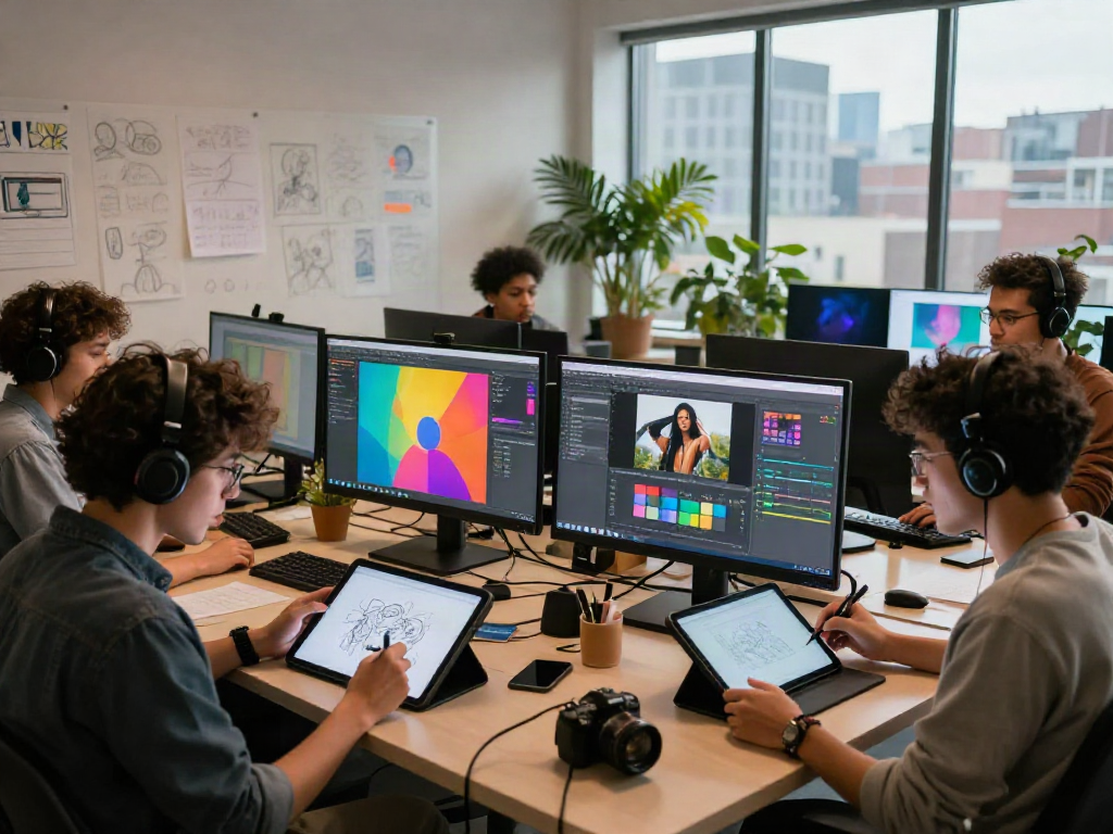 Creative team collaborating on nsfw AI projects in a dynamic workspace.