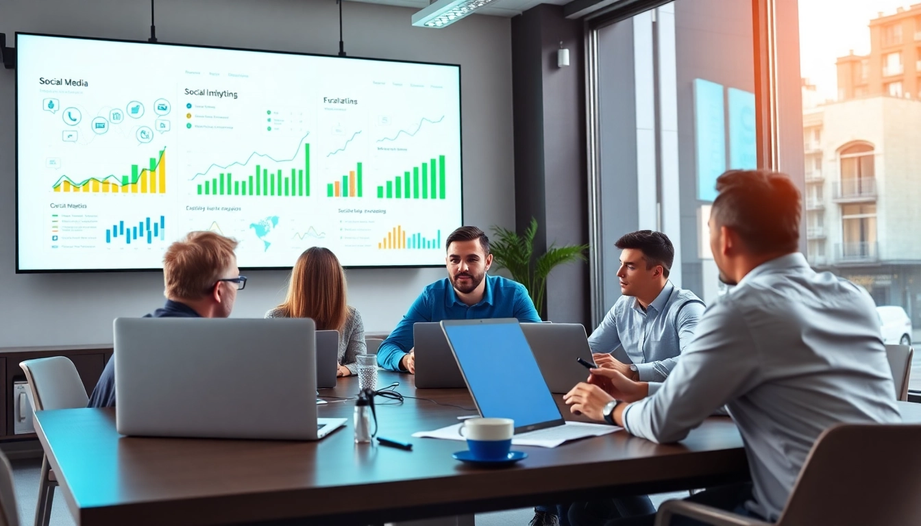 Engaged team analyzing the best smm panel performance metrics in a modern office.