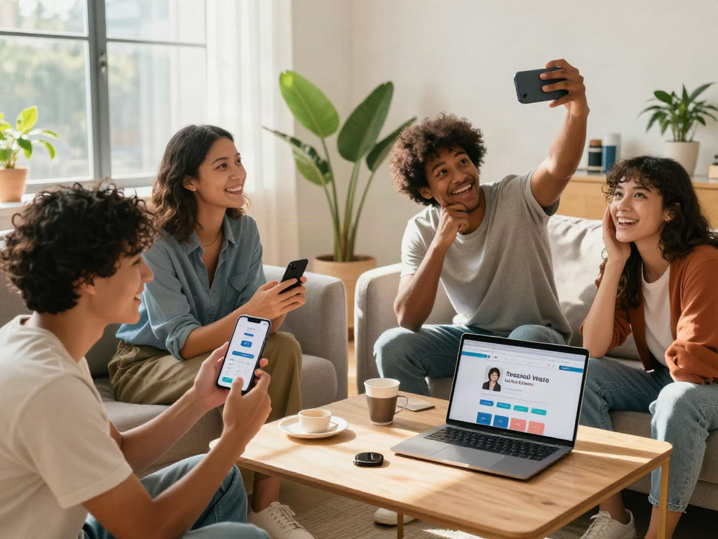 Group of friends testing attractiveness scores with a smartphone, enjoying a vibrant living room setting.