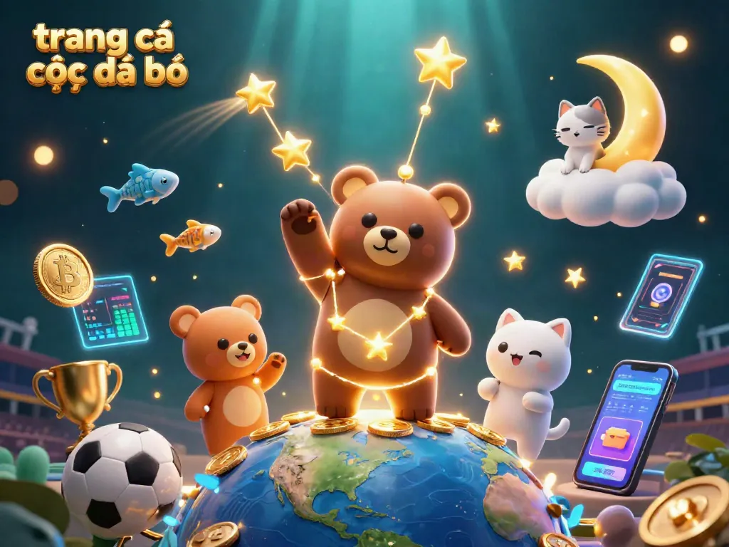 Trang cá cược đá bóng nơi các nhân vật hoạt hình bắt tiền vàng trong một sân vận động nổi bật.