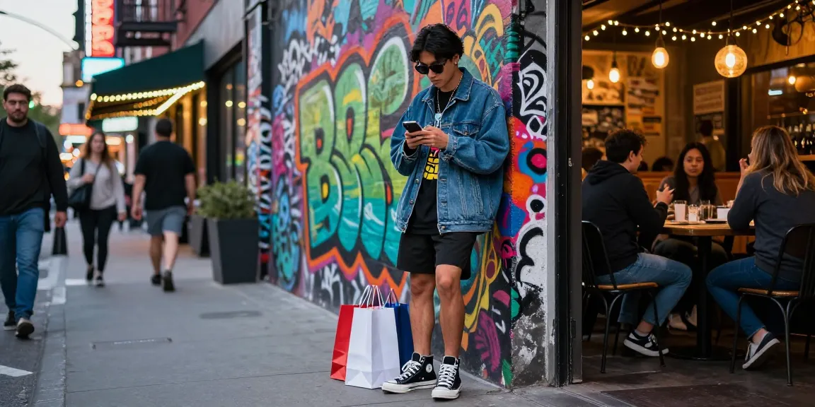 Stylish individual browsing shs-dome5.com in trendy urban setting with vibrant graffiti background.