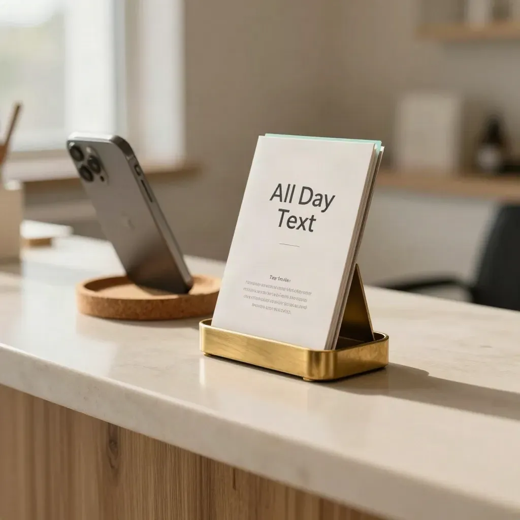 Brass opt-in kit on a service counter with warm light and mint accent